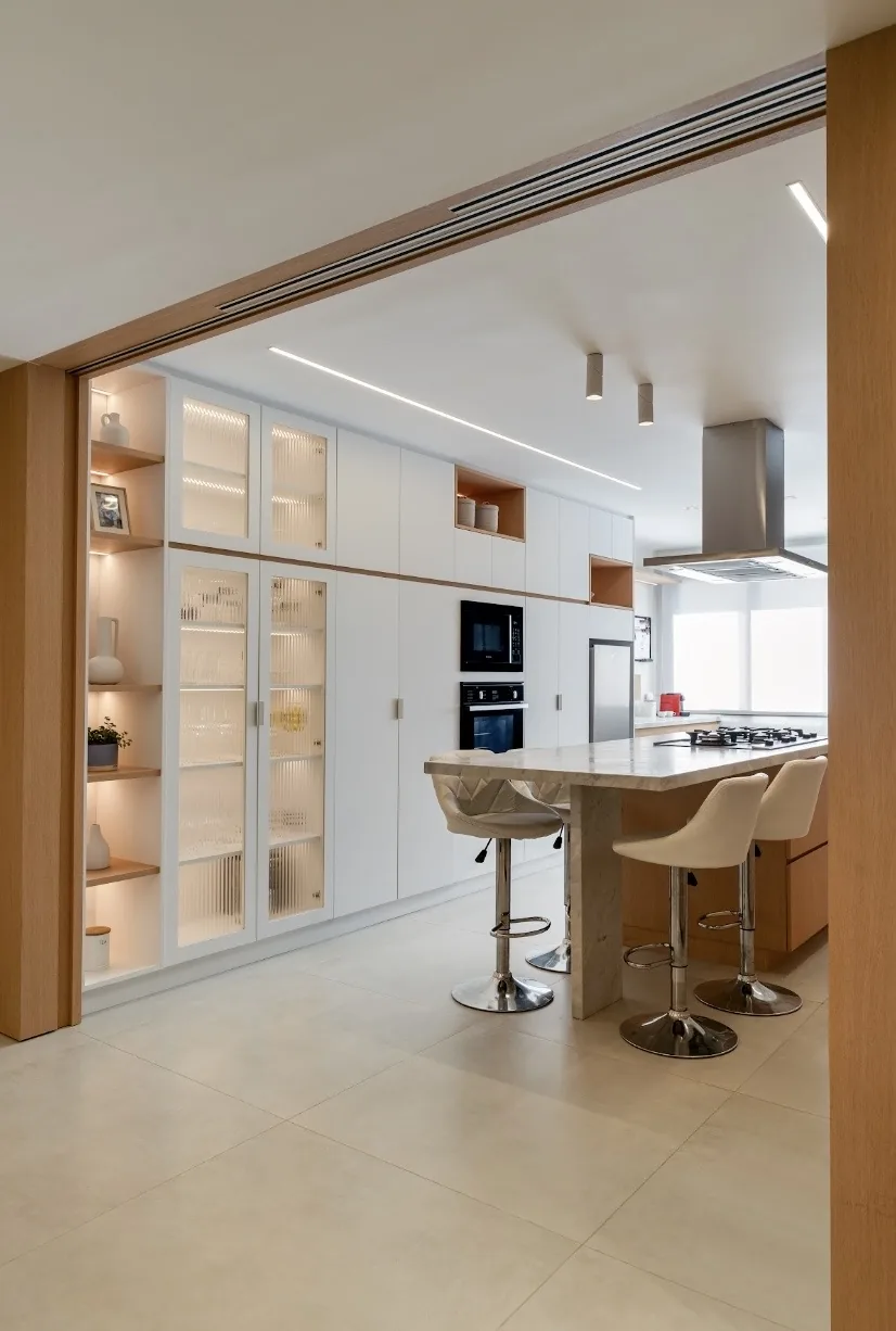 Cozinha integrada com sala de jantar — adega cristaleira, coifa central e banquetas